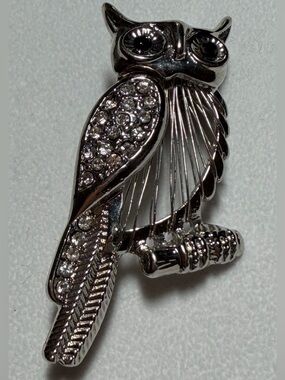 Vintage Silver-Tone Rhinestone Owl on Branch Statement Brooch